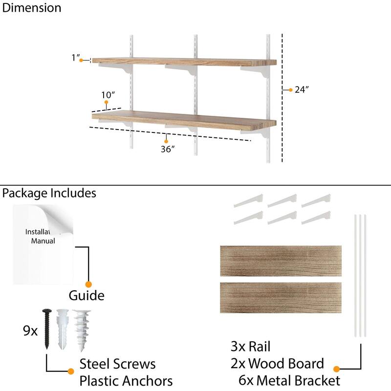 Wallniture Turin 36" Wall Mounted Shelves with Adjustable Brackets, Real Wood Shelves, Rustic & Boho Decor 2,3 or 4 Tier Options