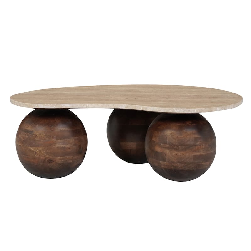 Resh Accent Coffee Table, Curved Natural Travertine Top, Round 3 Balls Wood Base