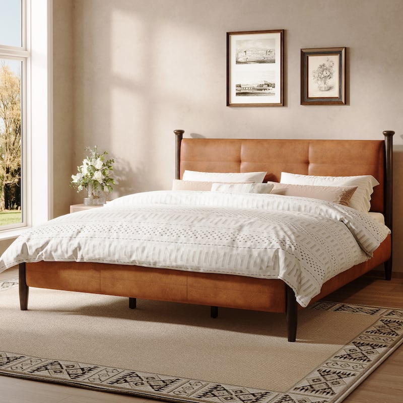 Christopher Knight Home - Sagemont PU Leather Upholstered Platform Bed with Tufted Headboard & Solid Wood Legs - Brown - California King