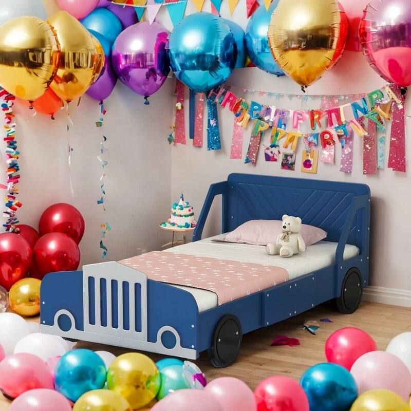 Twin Size CarShaped Platform Bed Frame with Wheels, White Bed Bath