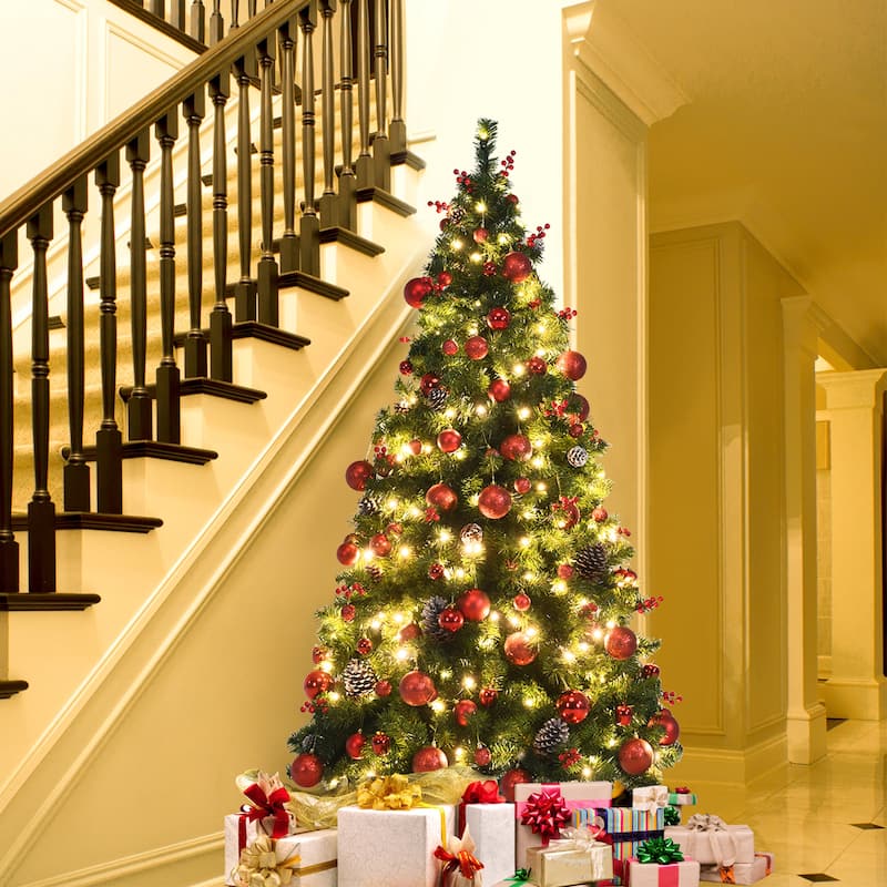 Gymax 5/6/7 FT Pre-lit Artificial Christmas Tree Hinged Xmas Tree - See Details