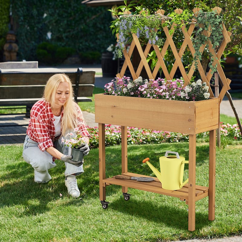 Costway Wood Raised Garden Bed with Trellis Storage Shelf Wheels Liner - See Details