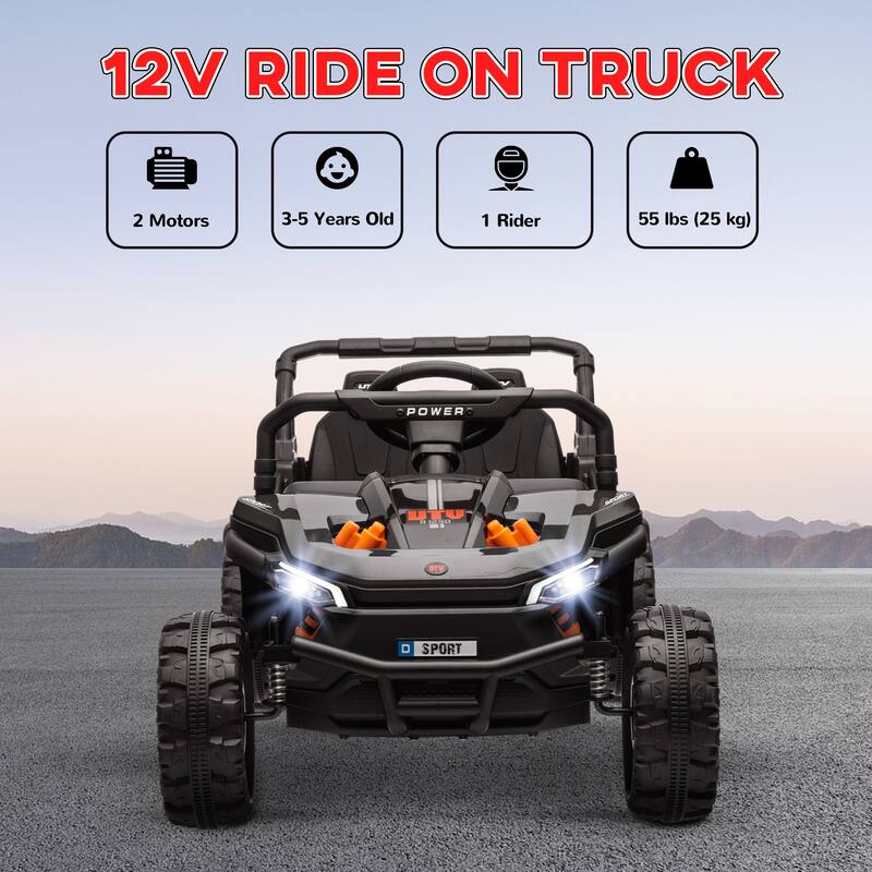 12V Kids Electric Car with Parent Remote, Ride-On Car Off-Road Toy Car Black All-Terrain Car with LED Light