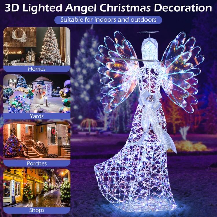 Clear-Blue Metal PVC 3D Lighted Angel with 250 LED Lights for Christmas Decor - 3 ft x 12.5" x 5.2 ft