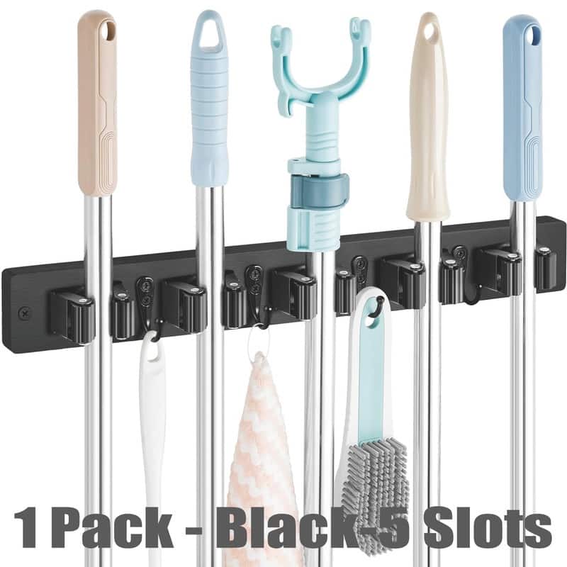 Mop and Broom Holder Wall Mount With 5 Slots & 4 Hooks - 1 Pack - Black-5 Slots