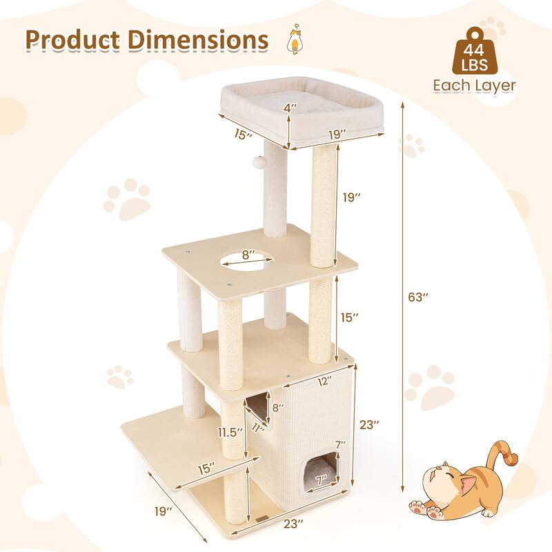 Gymax 63'' Tall Wooden Cat Tree w/2-Story Condo Plush Padded Top Perch