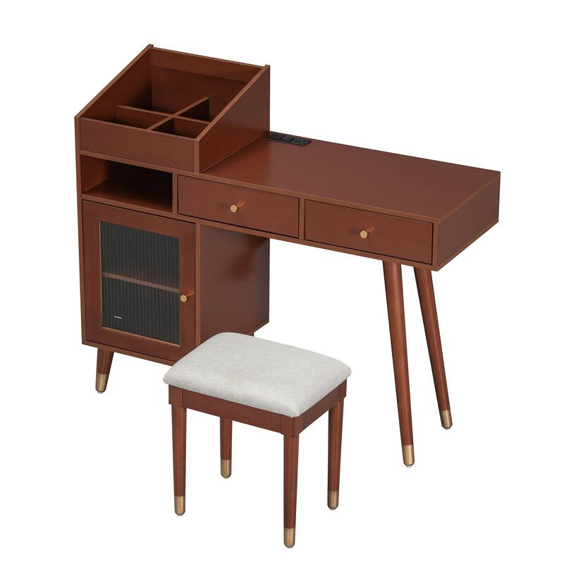 2-Piece Bedroom Set Includes Dressing Table & Upholstered Stool, Makeup Vanity Desk with Charging Station, Drawers & Cabinet