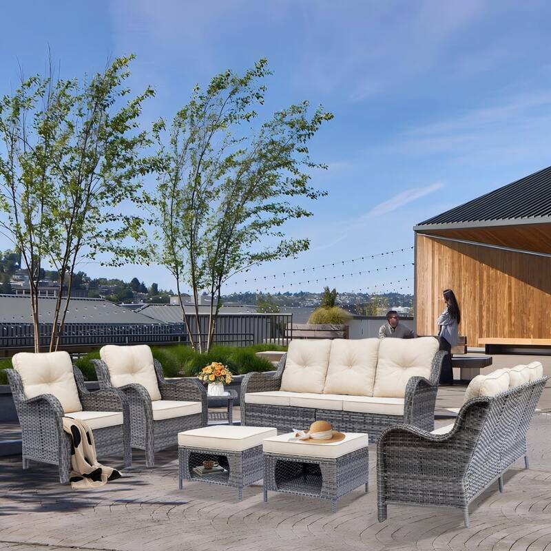 High Back Wicker Outdoor Patio Conversation Seating Sets with Cushions - 7 Piece - Beige