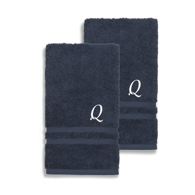Authentic Hotel and Spa Omni Turkish Cotton Terry Set of 2 Navy Blue Hand Towels with White Script Monogrammed Initial - Navy Blue/Q