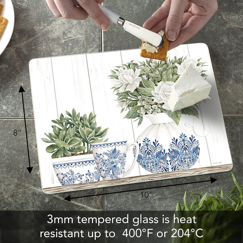 Pottery In Blue & White Decorative 3mm Heat Tolerant Tempered Glass Cutting Board 10" x 8"Made in the USA Dishwasher Safe