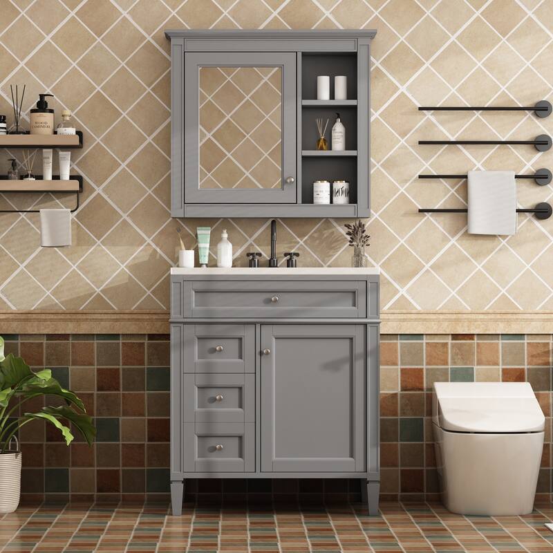 Modern Single Sink Bathroom Vanity Set with Drawers & Mirror Cabinet