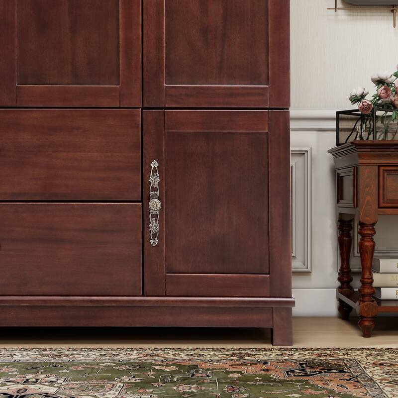 100% Solid Wood Walnut Armoire Wardrobe Closet with Drawers and Hanging Rod, Farmhouse Style Wardrobe Closet with 3 Doors