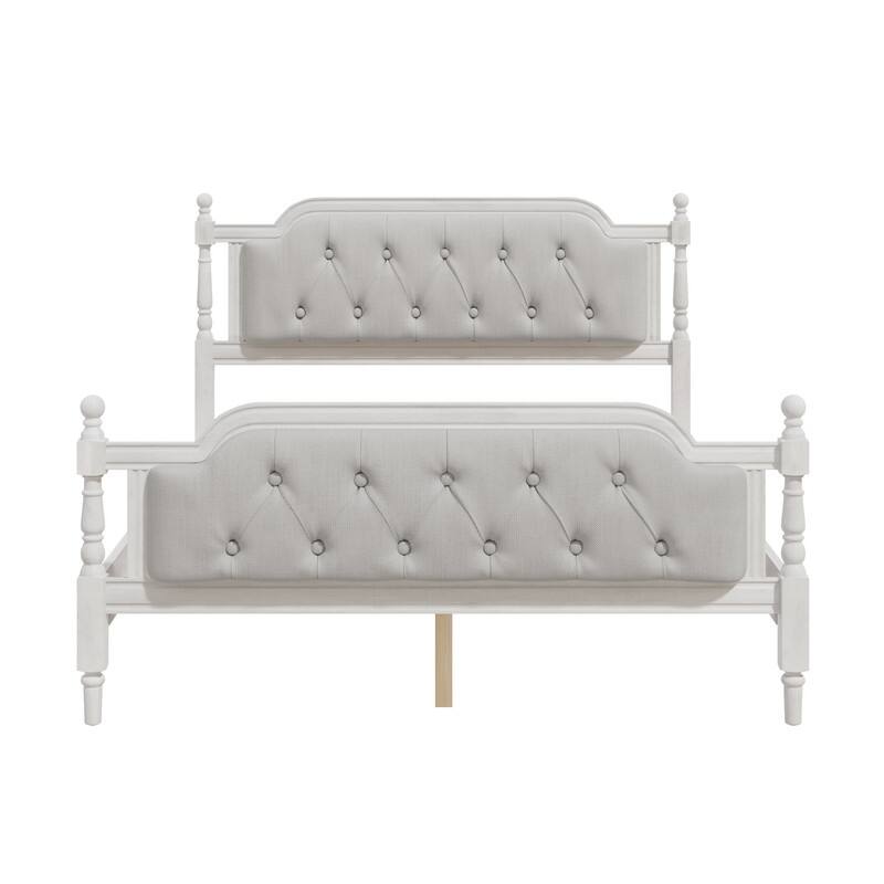 Traditional Style Solid Wood Bed Frame with Upholstered Tufted Headboard,No Box Spring Needed