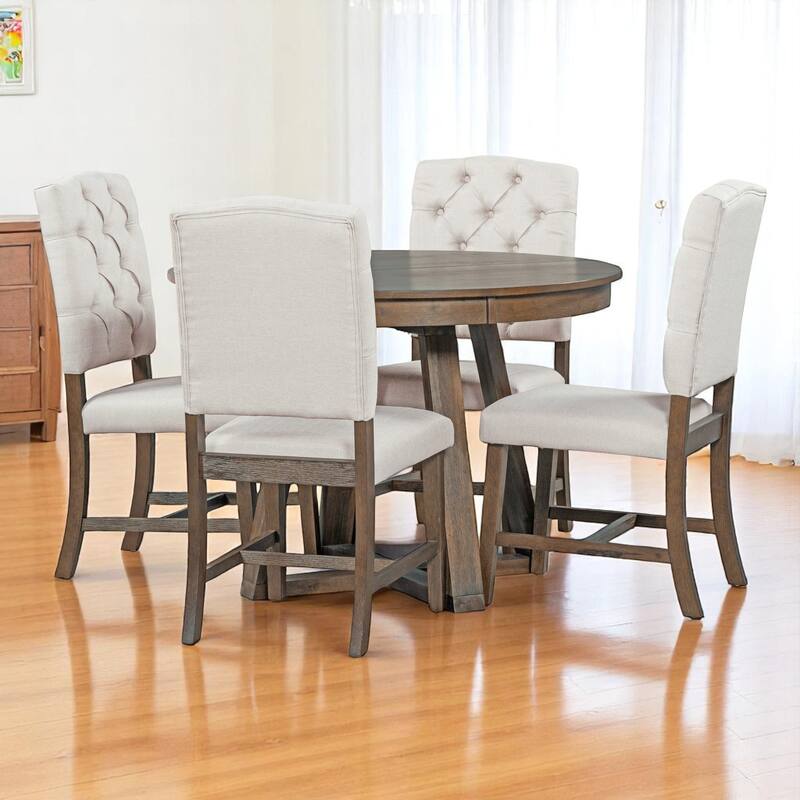 5-Piece Dining Table Set with 4 Upholstered Chairs, 16" Leaf Dining Table, Solid Wood & MDF, for Small Spaces and Dining Rooms