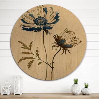 Designart "Indigo Flower Blossoming I" Floral Wood Wall Art - Natural Pine Wood