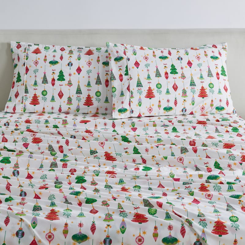 Linery & Co. Ultra-Soft Brushed Holiday-Printed Microfiber Sheet Set - Full - Twinkling Ornaments
