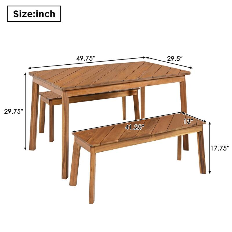 3 Pieces Acacia Wood Table Bench Dining Set