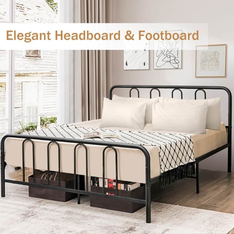 Metal Platform Bed Frame with Headboard and Footboard for Black Steel Heavy Duty with Storage Space