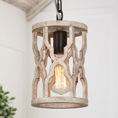 Farmhouse 1-Light Rustic Wood Cylinder Island Pendant Lights for Dining Room - 6'' L x 6'' W x 11'' H