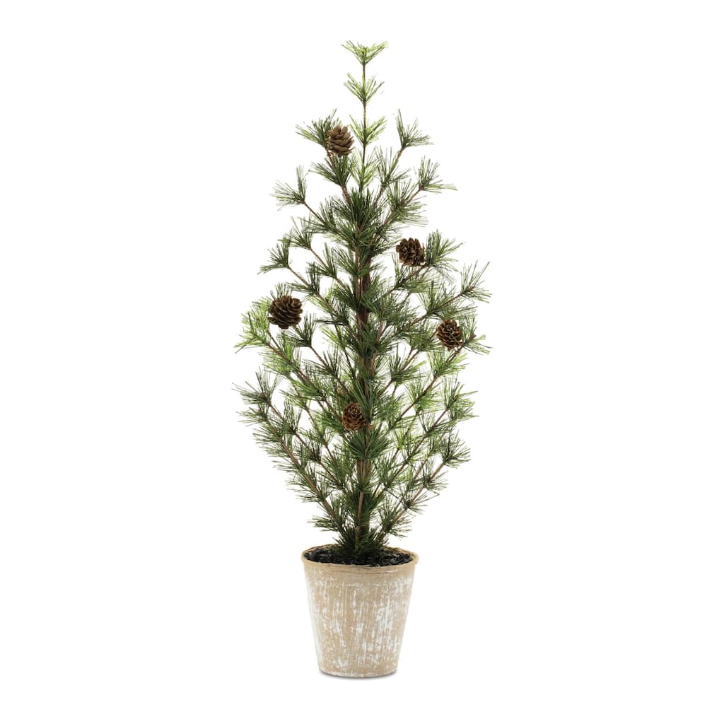 2-Foot Rustic Mini Pine Tree with Natural Pinecones in Whitewashed Iron Planter