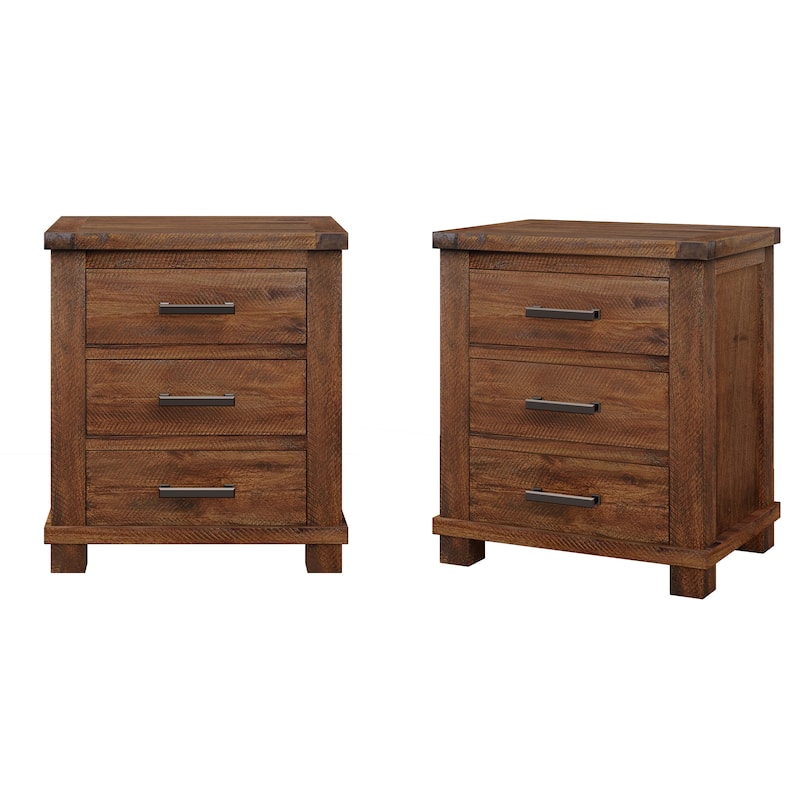 Reclaimed Wood Nightstand Set of 2 with 3 Drawers, Side End Table Bedside Nightstand with Legs, Solid Wood Bedside Table