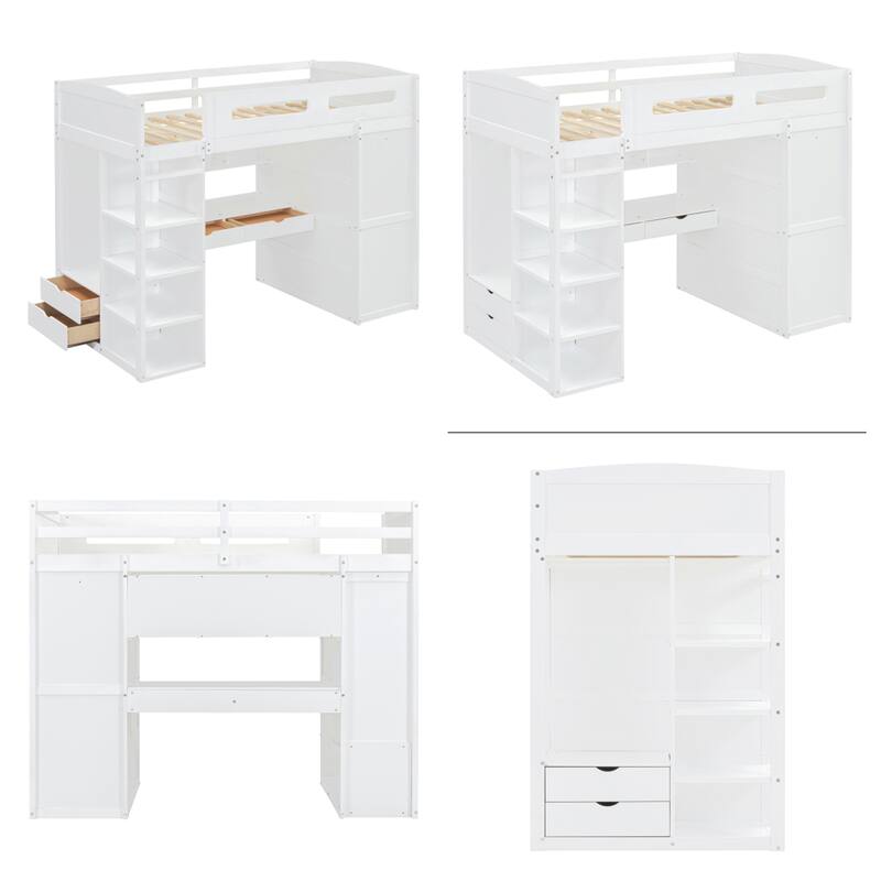 Twin Size Wood Loft Bed with Desk, Wardrobes,Drawers and Shelves