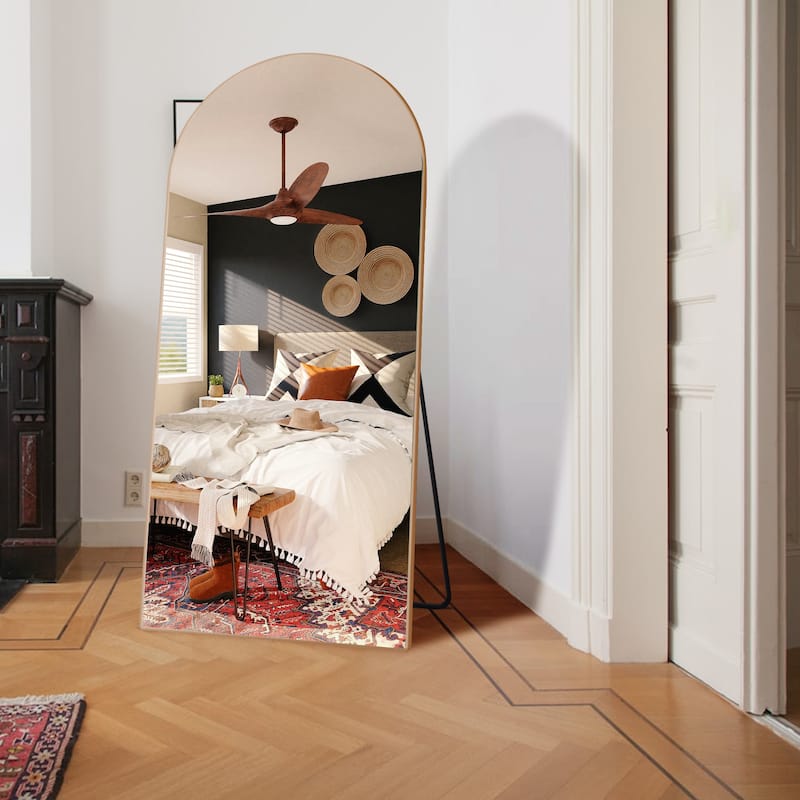 Arched Floor Mirror With Stand,Wood Frame Full Length Mirror,Wall-Mounted Mirror