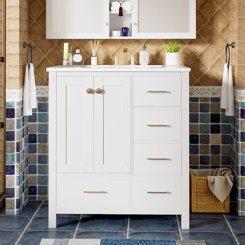 24'' Freestanding Bathroom Vanity in White with White Integrated Ceramic Sink - 30'' x 18.3'' x 33.8''