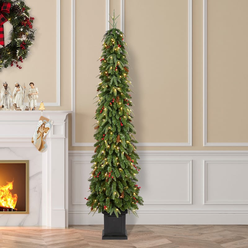 Glitzhome 4ft/6ft/7ft Pre-lit Green Artificial Christmas Porch Tree with Red Berries,Pinecones and 100 Warm White Lights