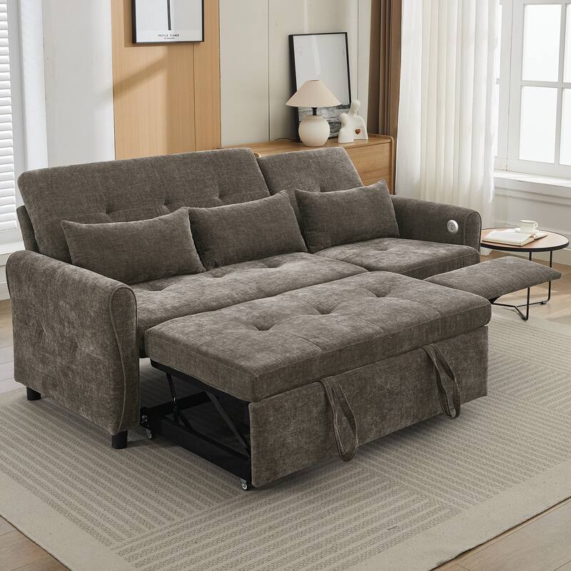 82″ Chenille 2-in-1 Sofa Bed with Adjustable Backrest, Reversible Chaise & USB Ports - DARK GREY
