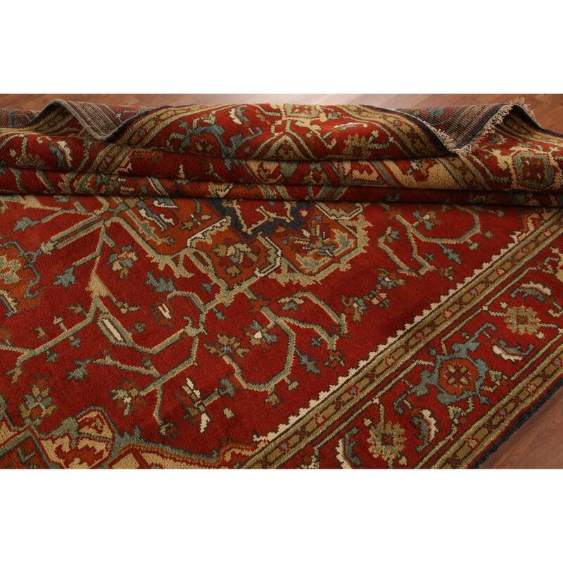 Medallion Heriz Serapi Indian Area Rug Hand-Knotted Floral Wool Carpet - 7'11" x 9'10"
