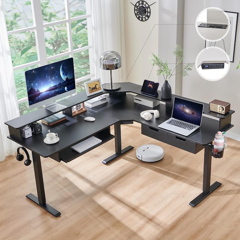60'' L Shaped Electric Comnputer Desk, Height Adjustable Gaming Desk - Carbon Fiber Black