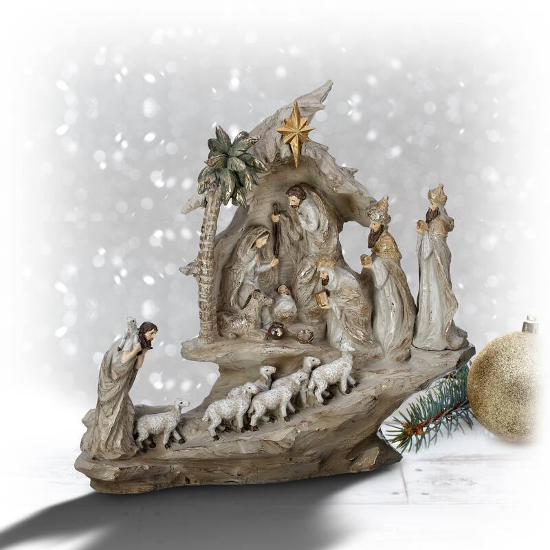 13.5" Resin Stairway Nativity W/Sheep Herd