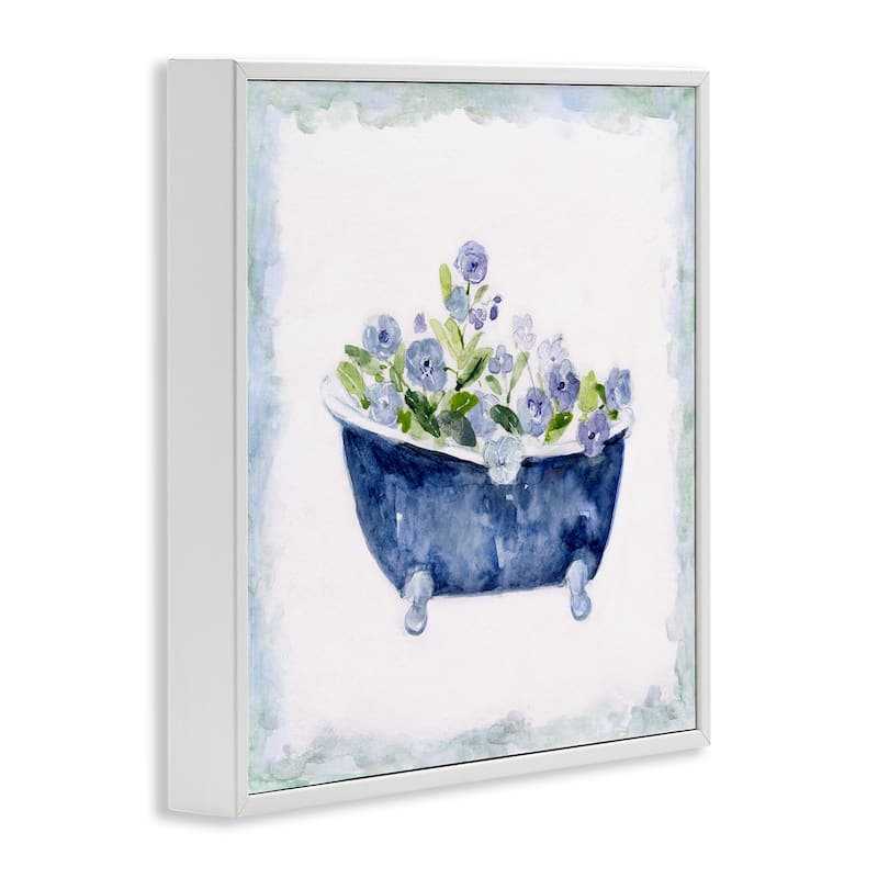 Stupell Charming Blue Bathtub Botanical Floral Design Watercolor Border Framed Wall Art - White