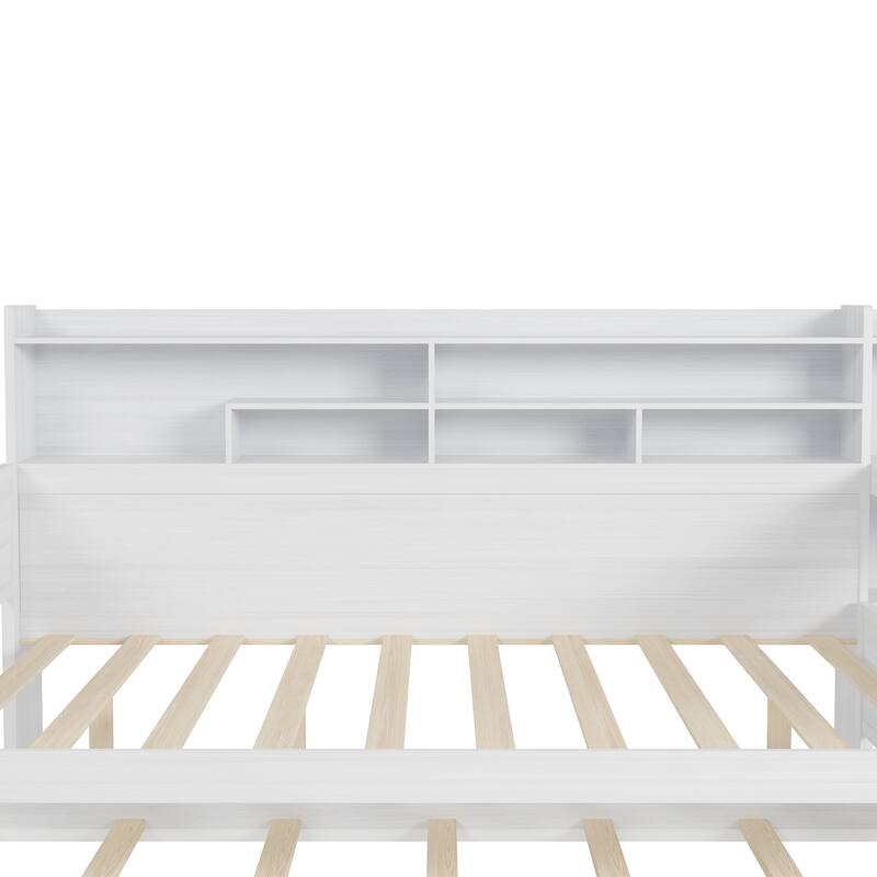 Wooden Twin Size Daybed with Storage Shelves, Multi-functional Bed with Twin Size Trundle Bed and Study Desk