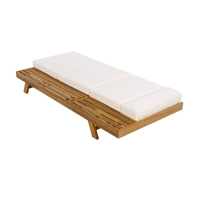 One-sided Open Storage Lounge Chairs Outdoor Patio Acacia Wood Chaise Lounge with Adjustable Backrest & Water-repellent Cushions