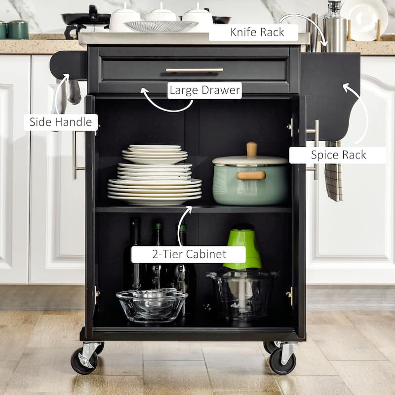 33" Rolling Kitchen Cart with Stainless Steel Countertop Drawer
