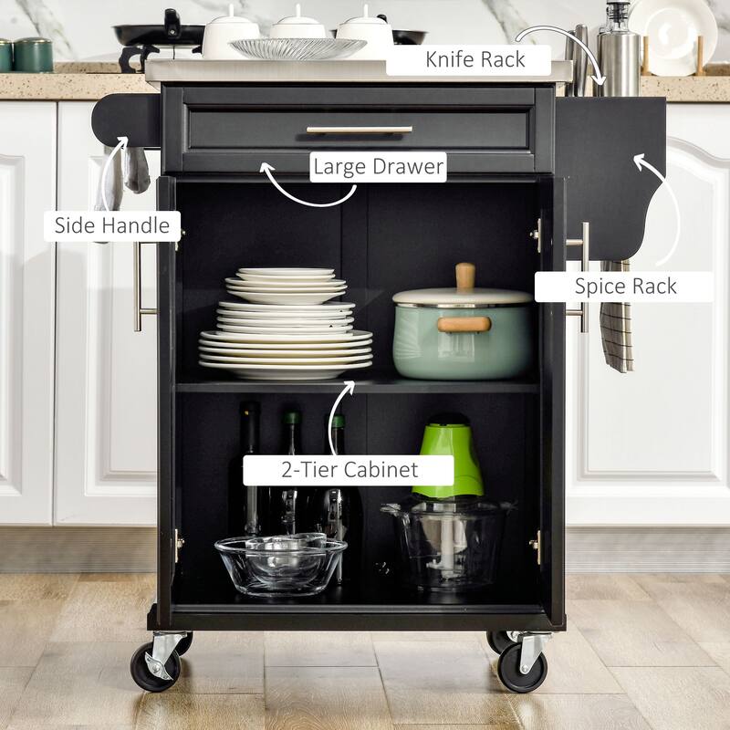 Kitchen Island on Wheels, Rolling Kitchen cart with Stainless Steel Countertop, Drawer, Towel Rack and Spice Rack
