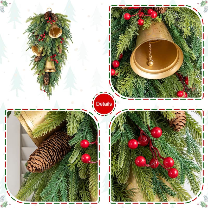 Glitzhome Christmas Berry Bow Pinecone Bell Holy Leaf Teardrop Swag Xmas Wreath