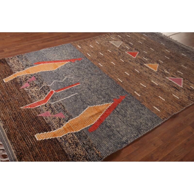 Brown Striped Moroccan Area Rug Hand-Knotted Wool Carpet - 5'10"x 9'3"