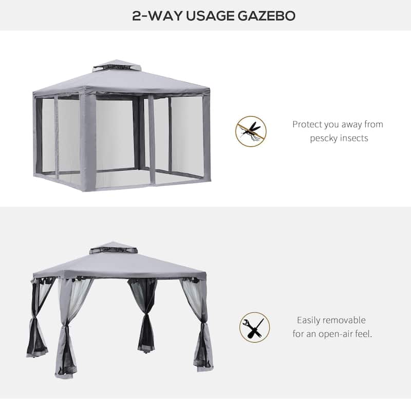 Outsunny 9.5' x 9.5' Patio Gazebo Outdoor Pavilion 2 Tire Roof Canopy Shelter Garden Event Party Tent Yard Sun Shade Steel Frame