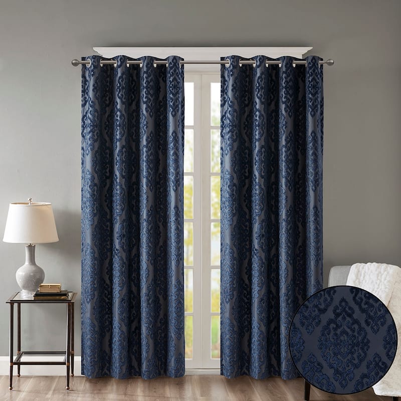 Knitted Jacquard Damask Total Blackout Grommet Top Curtain Panel(Only 1 Pc Panel)