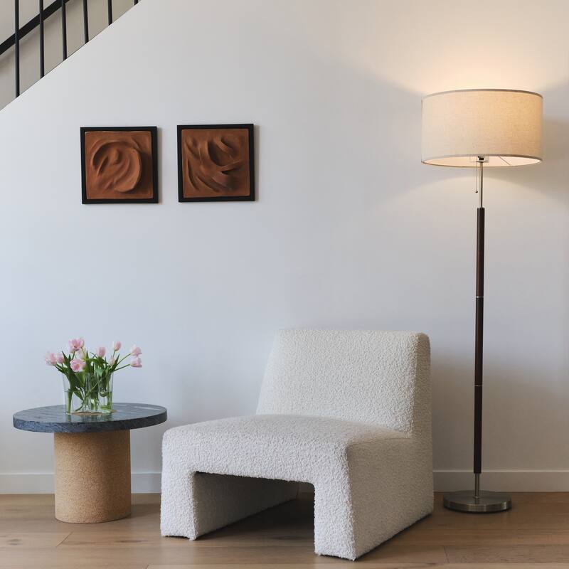 Brightech Carter 65 in. Walnut Brown Mid-Century Modern LED Super Bright Floor Lamp with Beige Fabric Drum Shade
