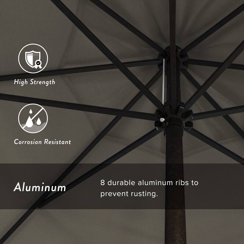 California Umbrella 9' Round Crank Lift Auto Tilt 8 Rib Aluminum Patio Umbrella, Bronze Finish, Pacifica Pacific Blue Fabric