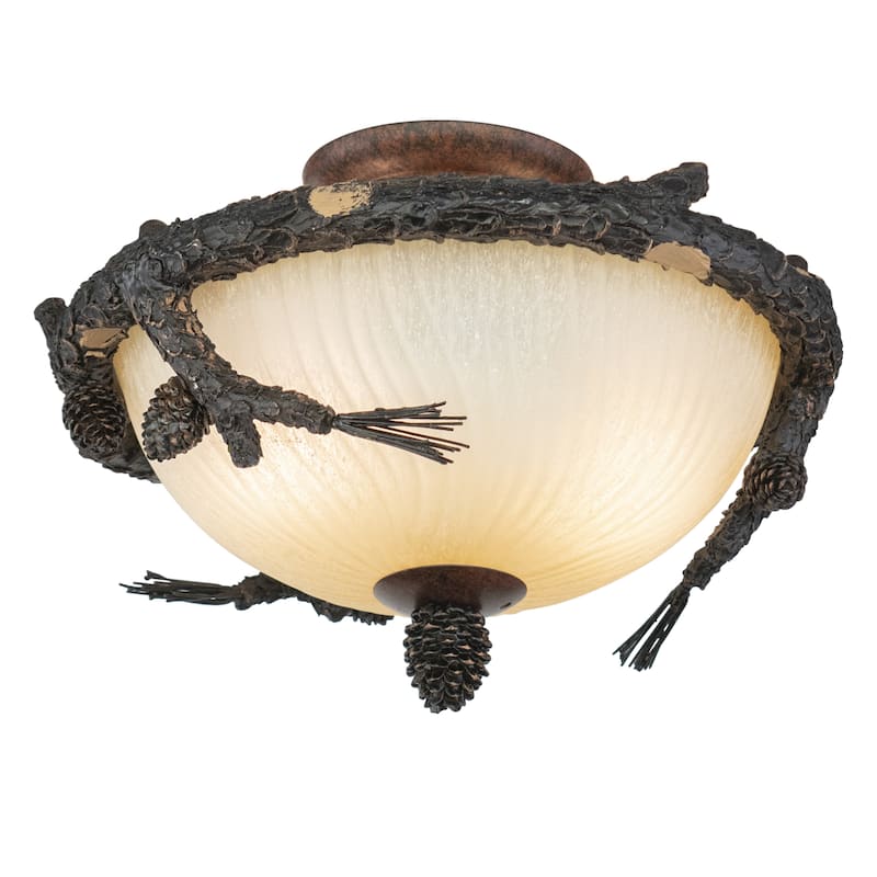 2L LED Bronze Rustic Pinecone Wood Semi Flush Ceiling Light or Fan Light Kit - 13.75-in W x 8-in H x 13.75-in D - Weathered Patina - 13.75-in W x 8-in H x 13.75-in D