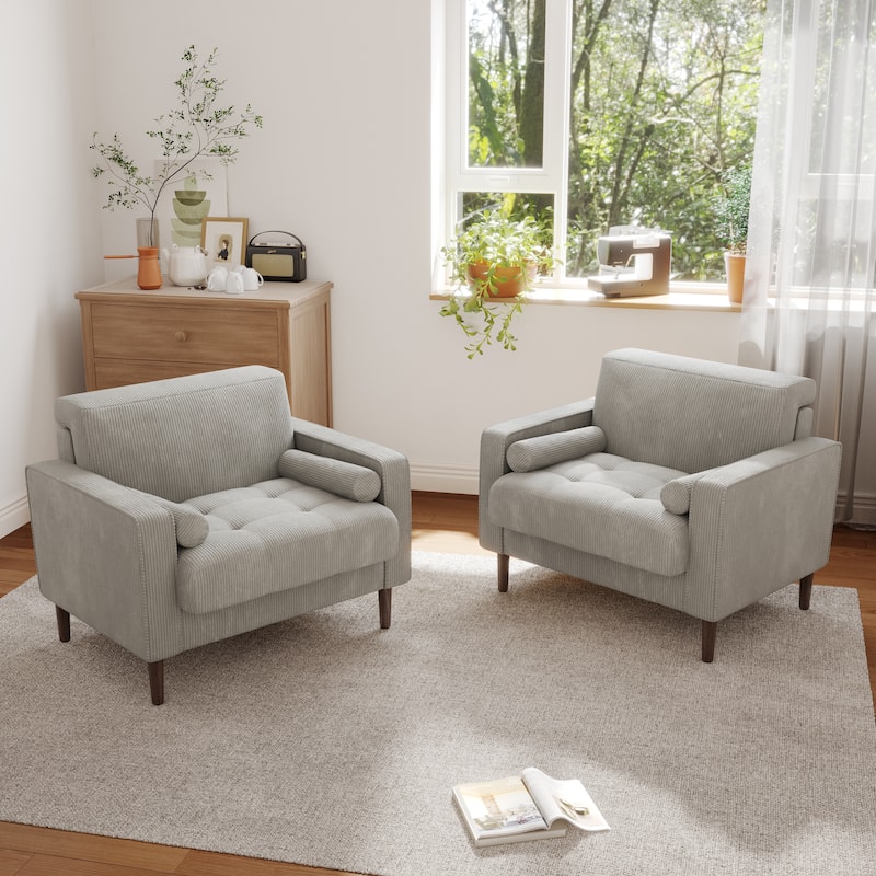 Corduroy Upholstered Accent Chair with Bolster Pillows Set of 2