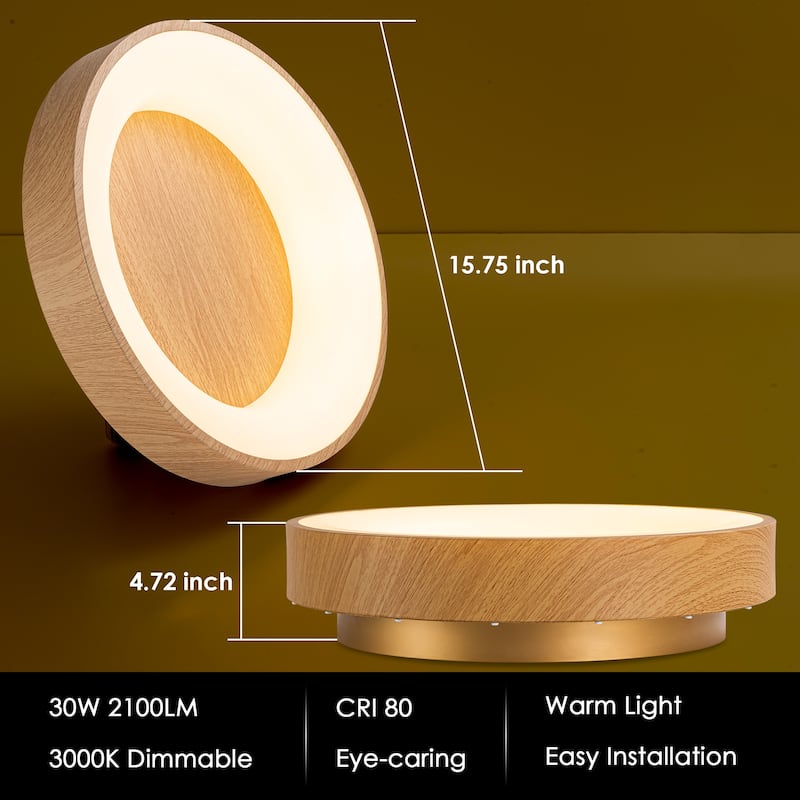 1-light 15.7 in. Modern Farmhouse Metal Wood Grain Round Dome Dimmable Integrated LED Flush Mount Light - 15.7 in. W x 3.9 in. H