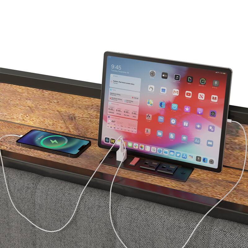 Anmytek Full Size Bed Frame with Headboard and Charging Station Industrial Rustic