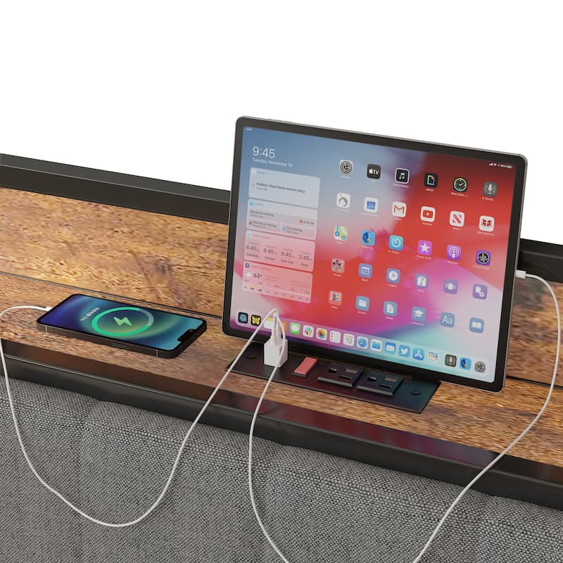 Dark Gray Full Size Metal Platform Bed with Charging Station and Upholstered Headboard