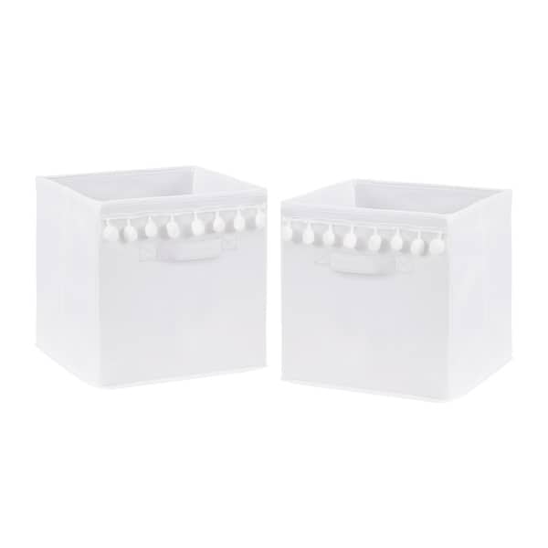 slide 2 of 4, White Foldable Fabric Storage Bins for Boho Llama Collection - Gender Neutral Solid Color Bohemian Southwest Tribal Pom Pom